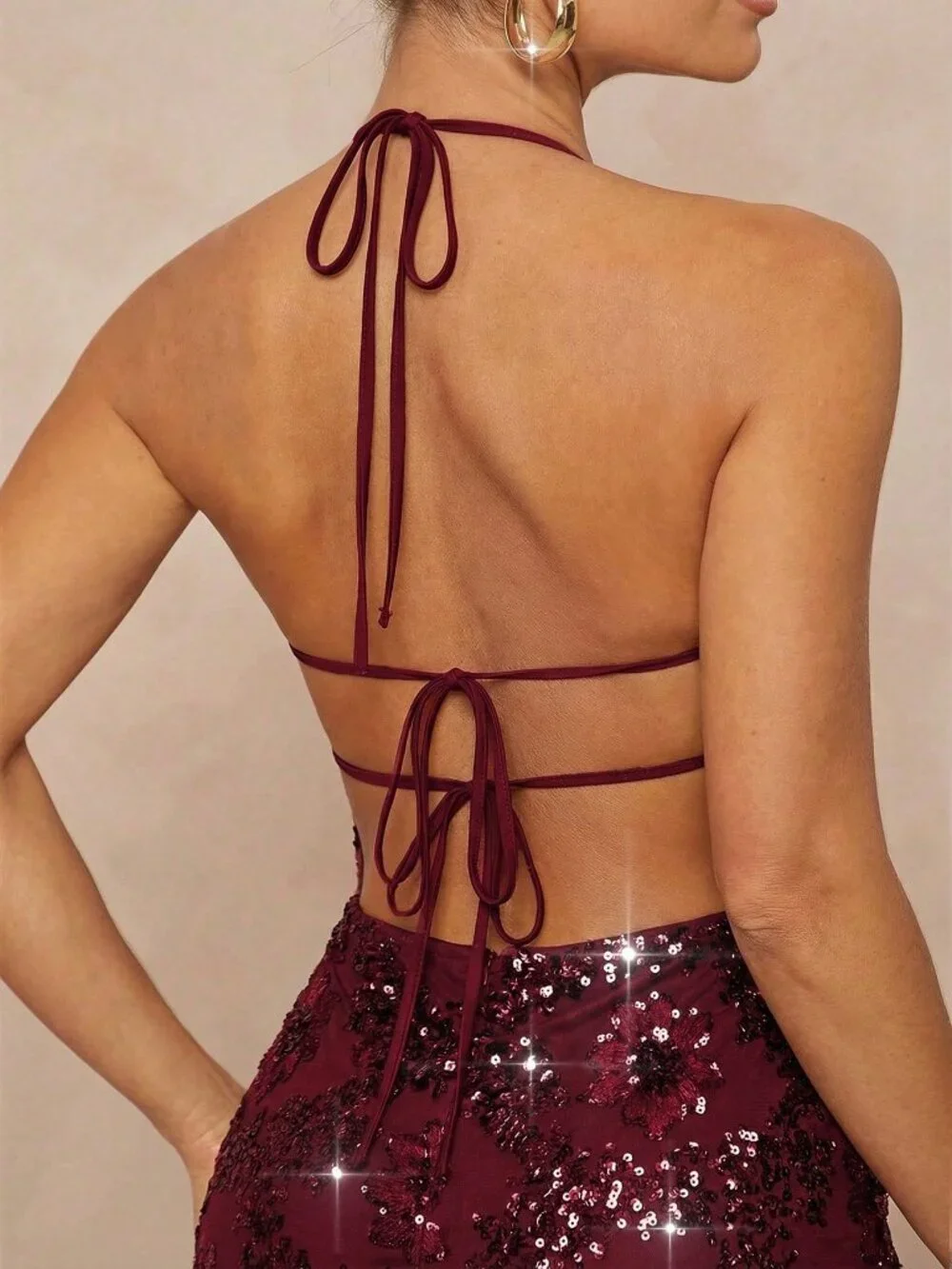 Burgundy Party Women's Backless Contrast Sequin Fringe Midi Dress